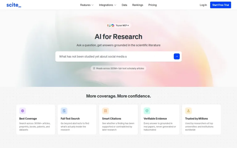 Scite homepage screenshot showing the official landing page