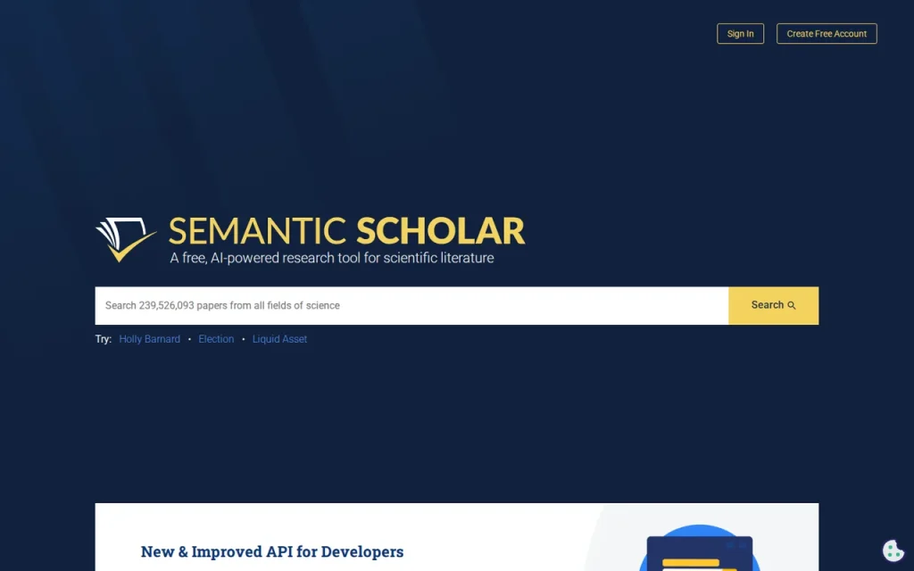 Semantic Scholar homepage with the search box counting papers across all fields of science