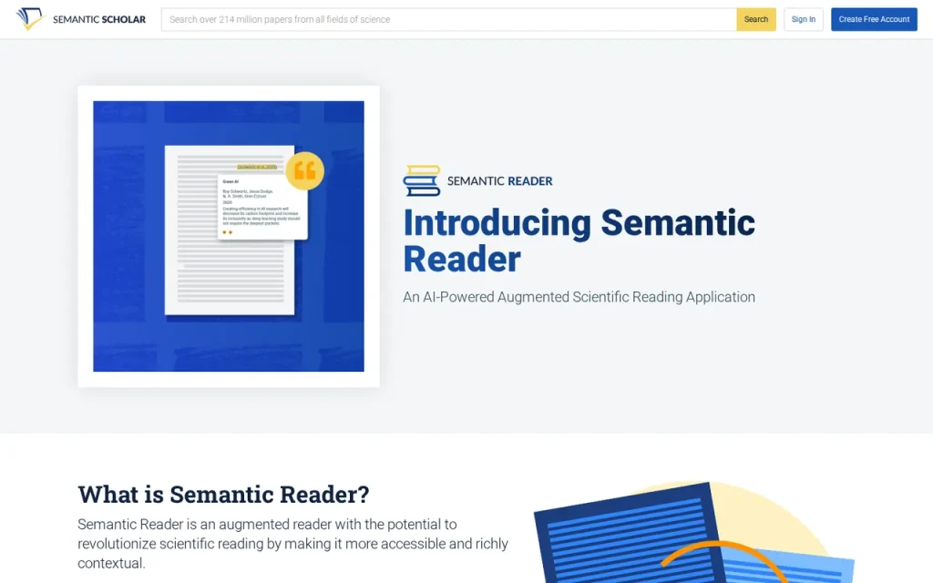 Semantic Scholar Semantic Reader page introducing the AI-augmented reading application with a citation card illustration