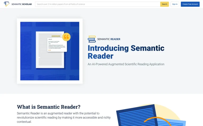 Semantic Scholar Semantic Reader page introducing the AI-augmented reading application with a citation card illustration