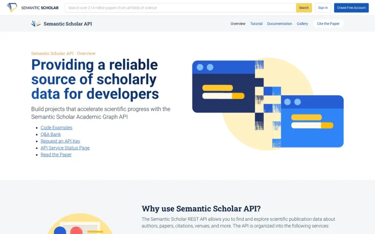 Semantic Scholar API overview page with links to code examples, a Q&A bank and the API key request form