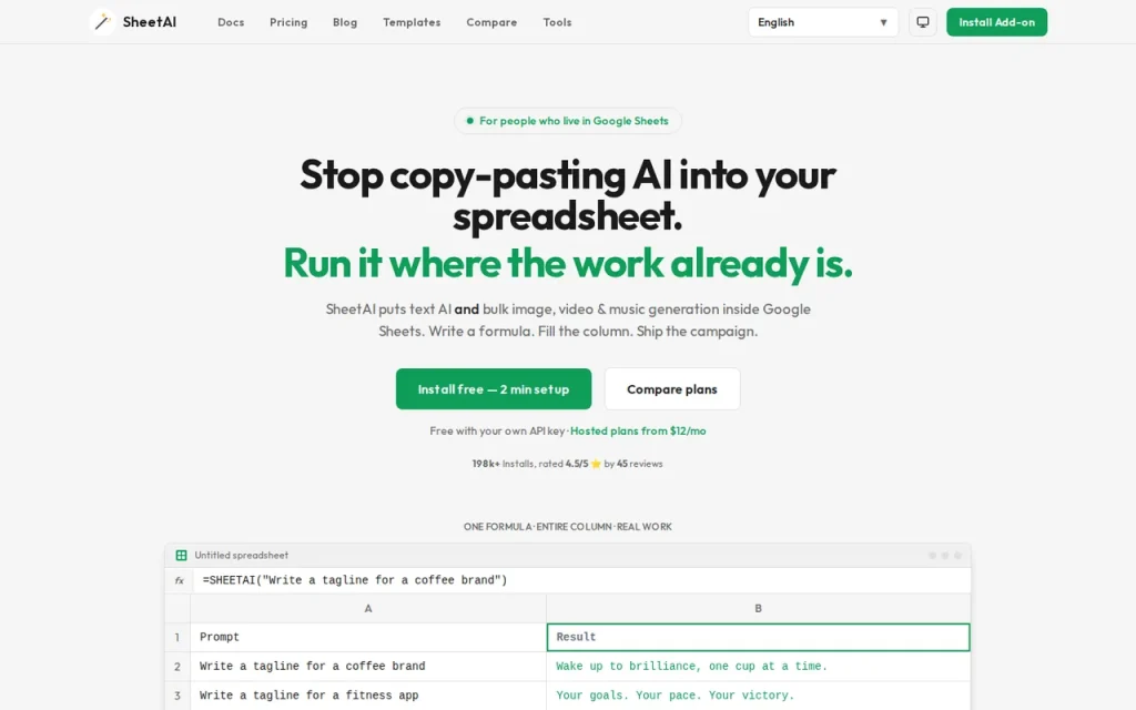 SheetAI homepage with a spreadsheet example where a SHEETAI formula writes taglines into column B
