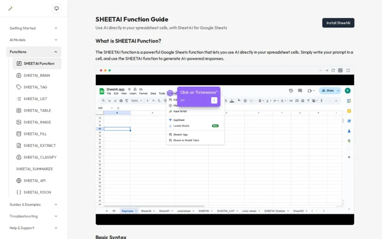 SheetAI documentation page for the SHEETAI function with the list of SHEETAI functions in the sidebar