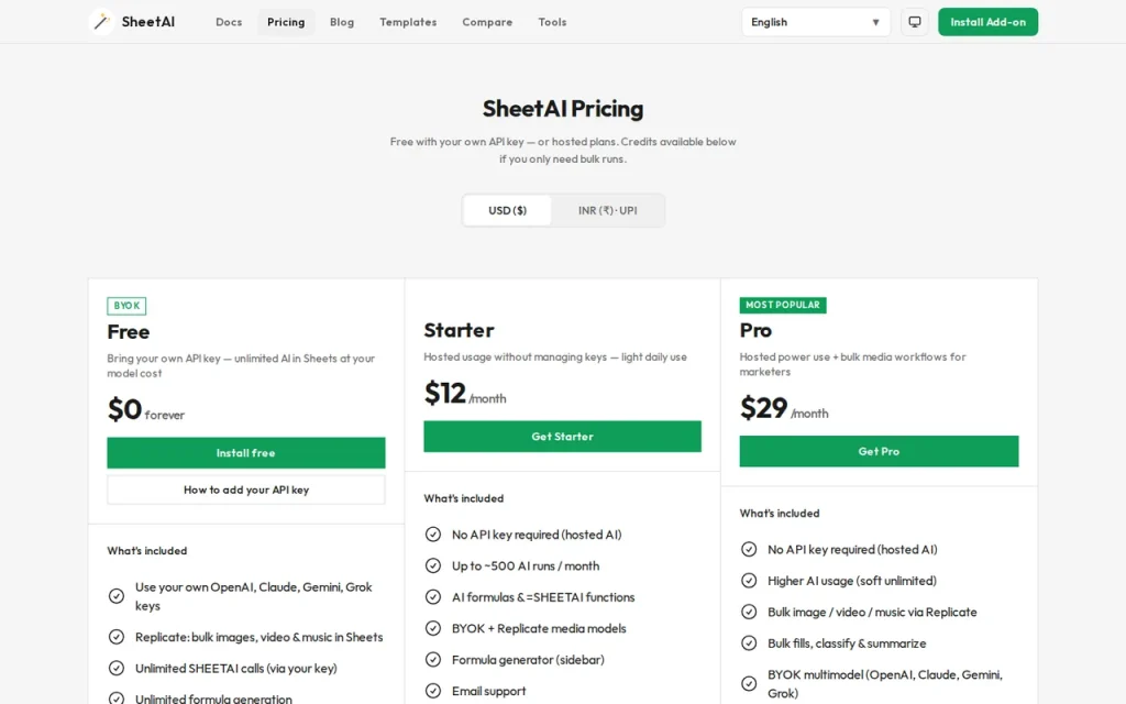 SheetAI pricing page with BYOK Free, Starter and Pro plan cards in US dollars