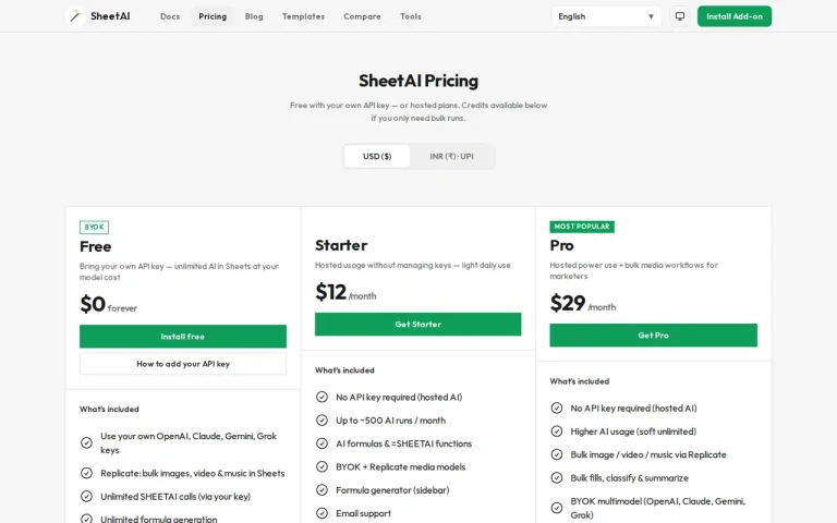 SheetAI pricing page with BYOK Free, Starter and Pro plan cards in US dollars