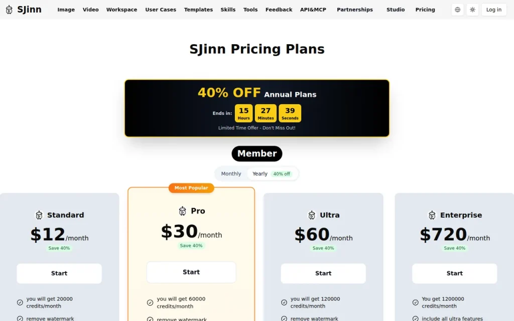 SJinn official pricing page screenshot with plan names