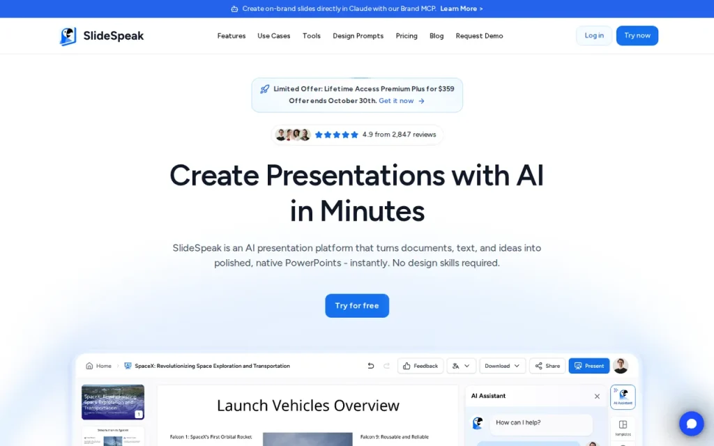 SlideSpeak homepage with the Create Presentations with AI headline and an editor preview with the AI assistant panel