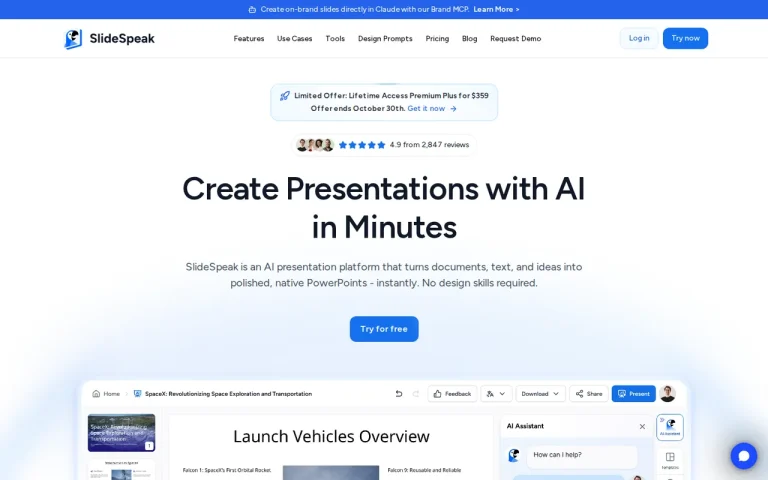 SlideSpeak homepage with the Create Presentations with AI headline and an editor preview with the AI assistant panel
