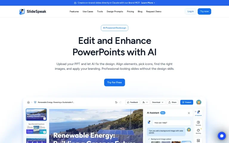 SlideSpeak editor page showing a slide deck with the AI Assistant side panel and Download button