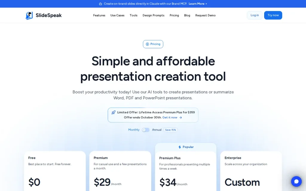 SlideSpeak pricing page with Free, Premium, Premium Plus and Enterprise plan cards in the monthly billing view