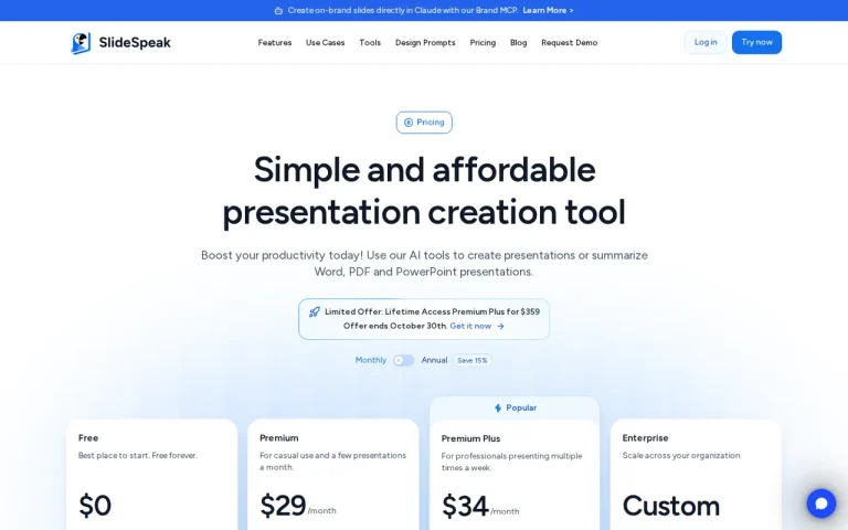 SlideSpeak pricing page with Free, Premium, Premium Plus and Enterprise plan cards in the monthly billing view