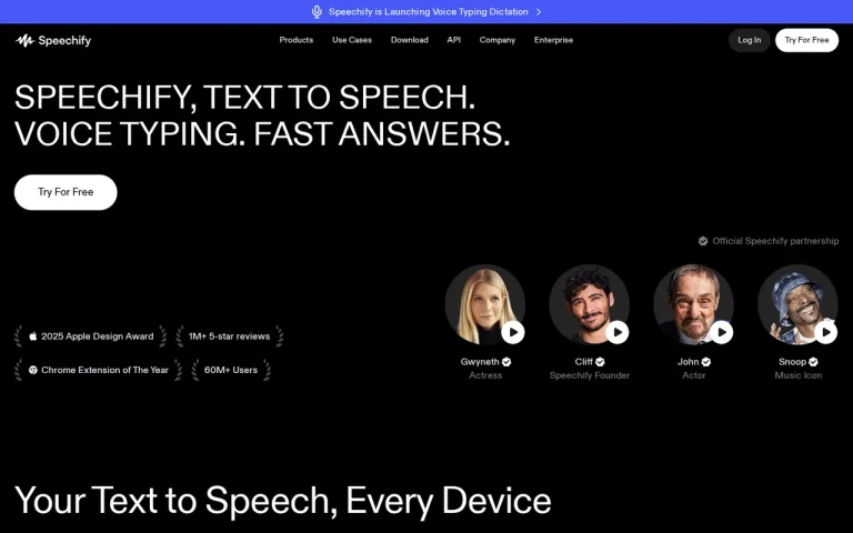 Speechify homepage screenshot showing the official landing page