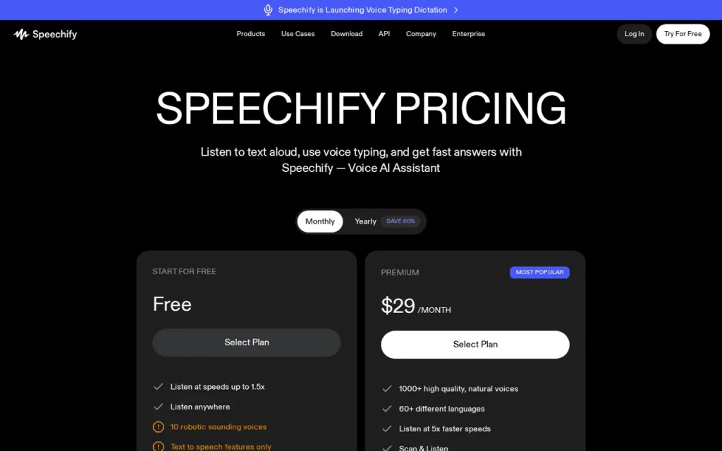 Speechify official pricing page screenshot with plan names