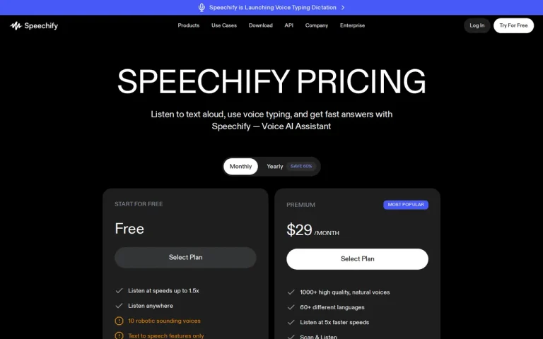 Speechify official pricing page screenshot with plan names