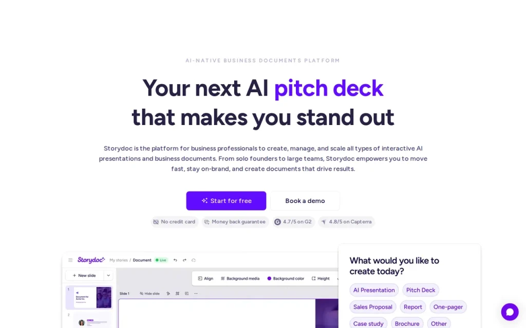 Storydoc homepage with the AI pitch deck headline and an editor preview with document type buttons