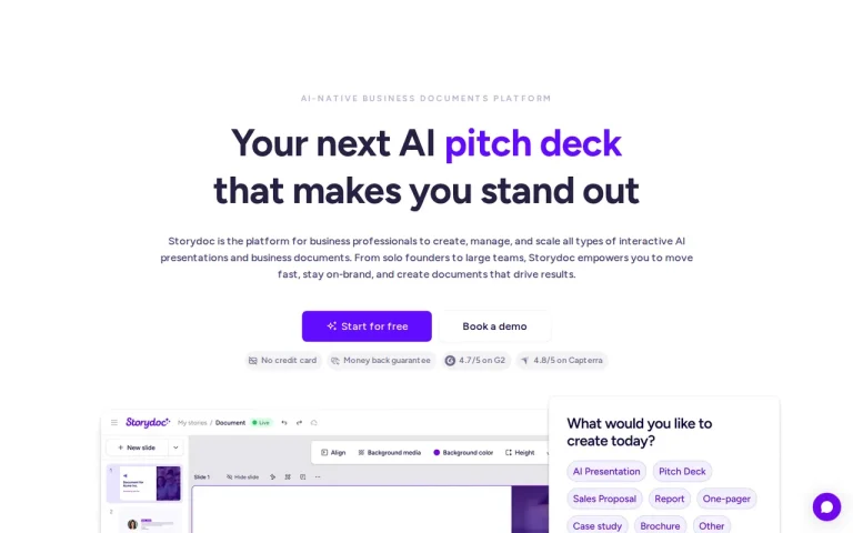 Storydoc homepage with the AI pitch deck headline and an editor preview with document type buttons