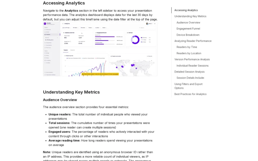 Storydoc help center analytics article with a dashboard screenshot and the unique readers and sessions metrics
