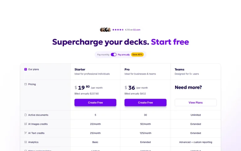 Storydoc pricing page with Starter, Pro and Teams columns, annual prices and active document and AI credit rows