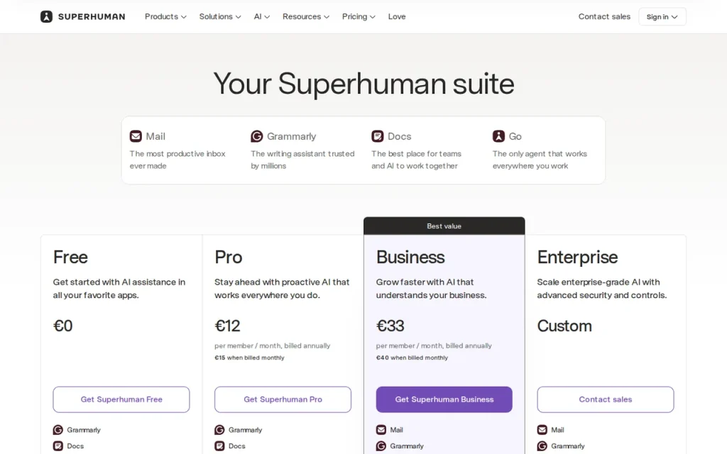 Superhuman official pricing page screenshot with plan names