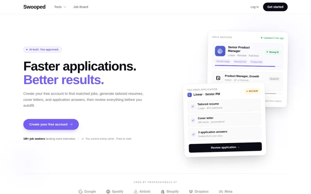 Swooped homepage with the Create your free account button and a sample tailored application packet for a product manager role