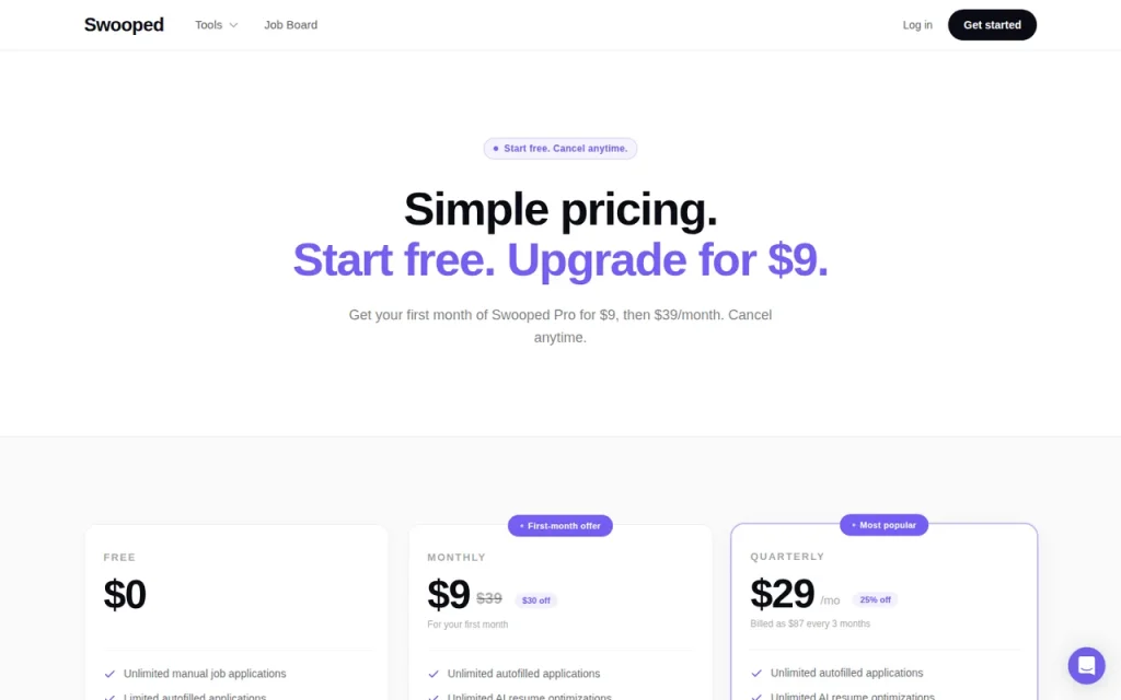 Swooped pricing page with Free, Monthly and Quarterly plan cards showing $0, $9 and $29 a month