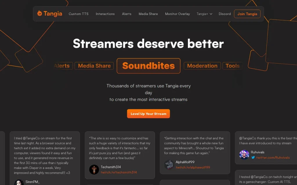 Tangia homepage screenshot showing the official landing page