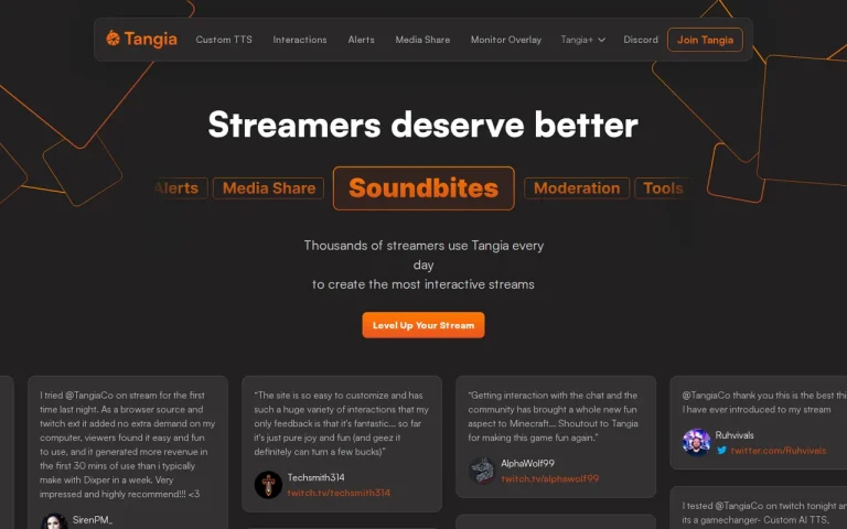 Tangia homepage screenshot showing the official landing page
