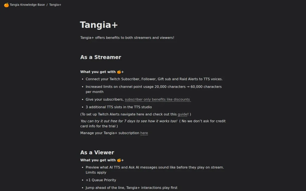 Tangia official pricing page screenshot with plan names