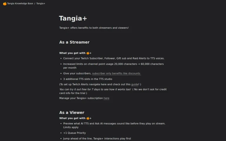 Tangia official pricing page screenshot with plan names