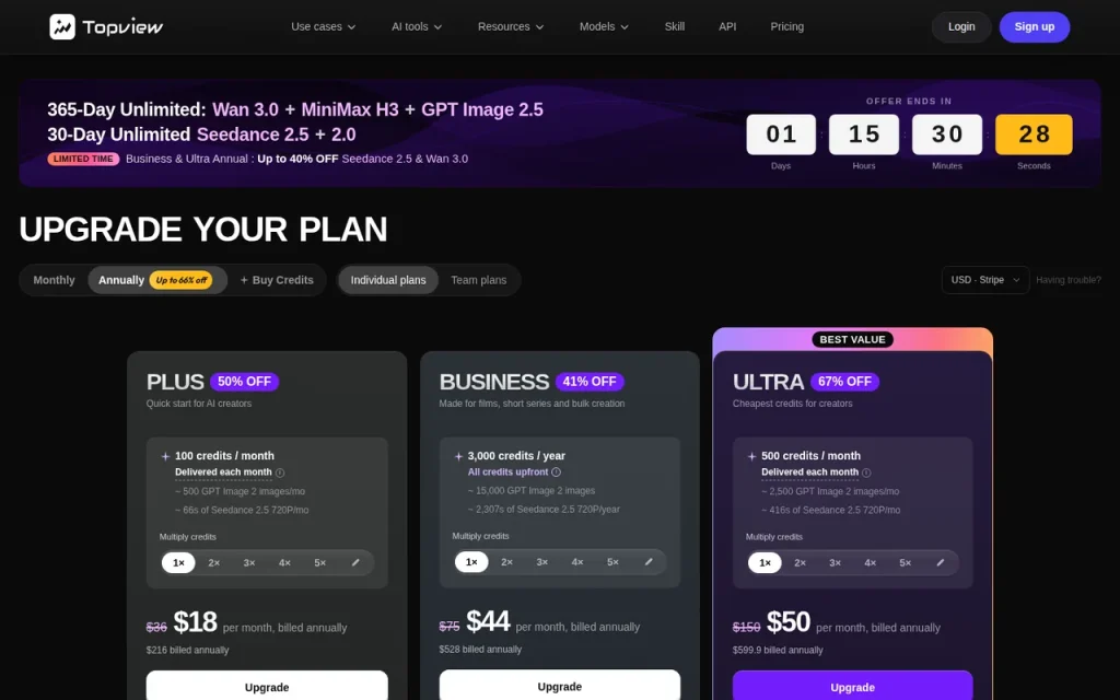 Topview official pricing page screenshot with plan names
