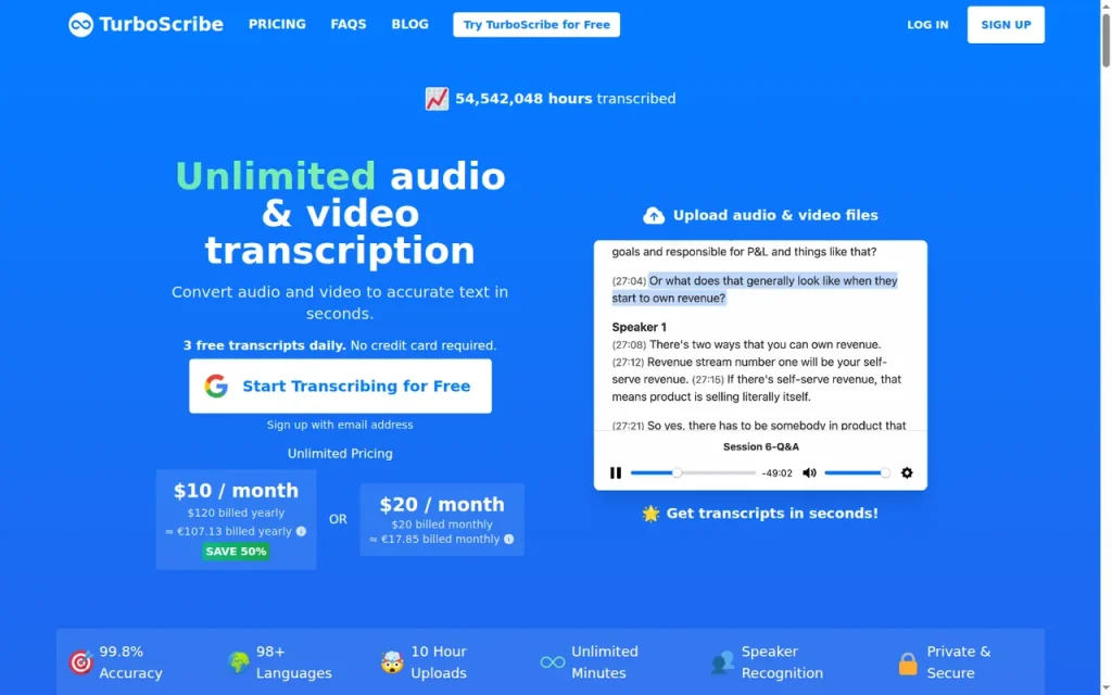 TurboScribe homepage screenshot showing the official landing page