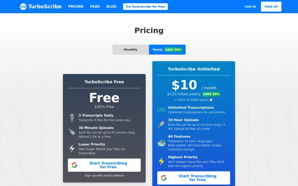 TurboScribe official pricing page screenshot with the Free and Unlimited plan cards