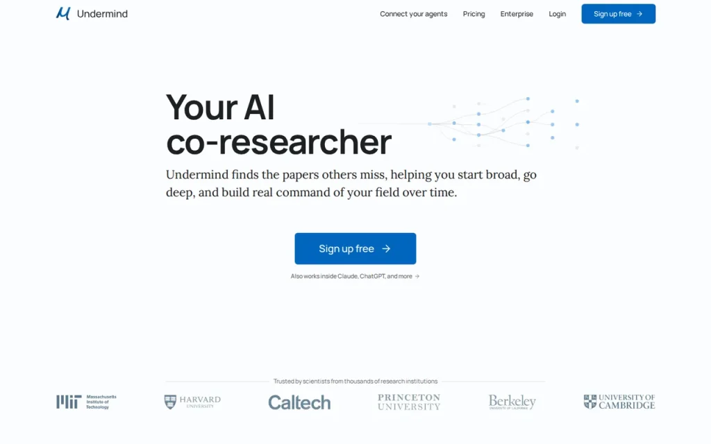 Undermind homepage screenshot showing the official landing page