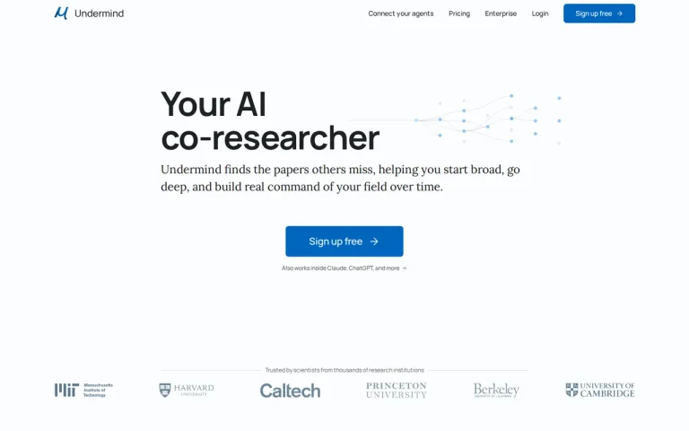 Undermind homepage screenshot showing the official landing page