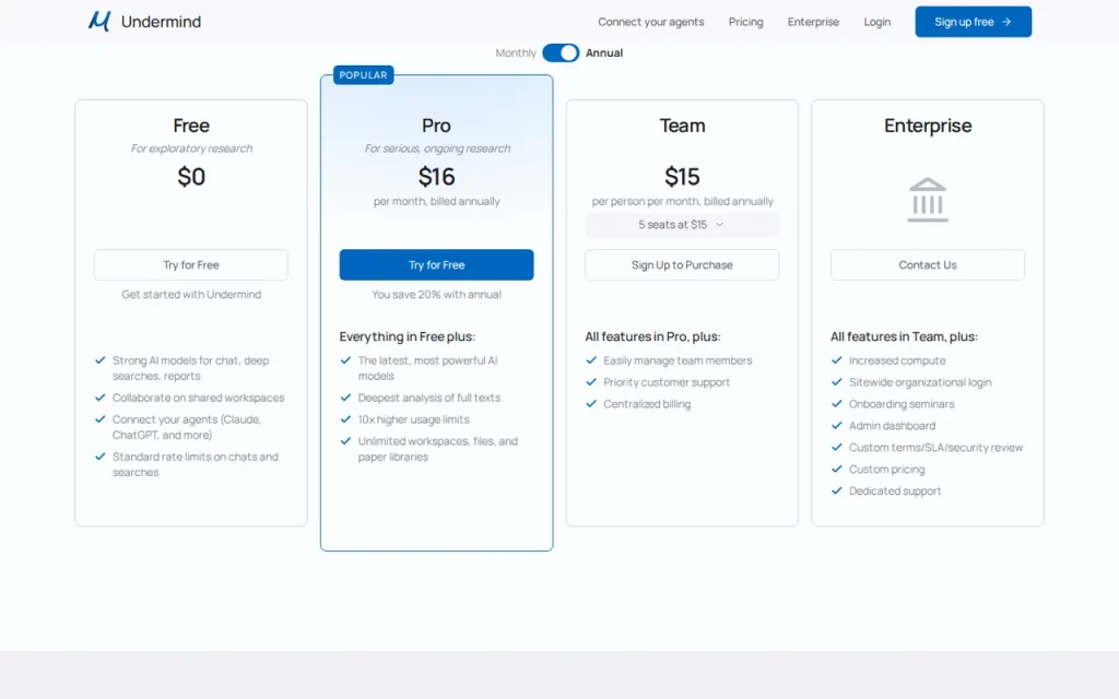 Undermind official pricing page screenshot with plan names