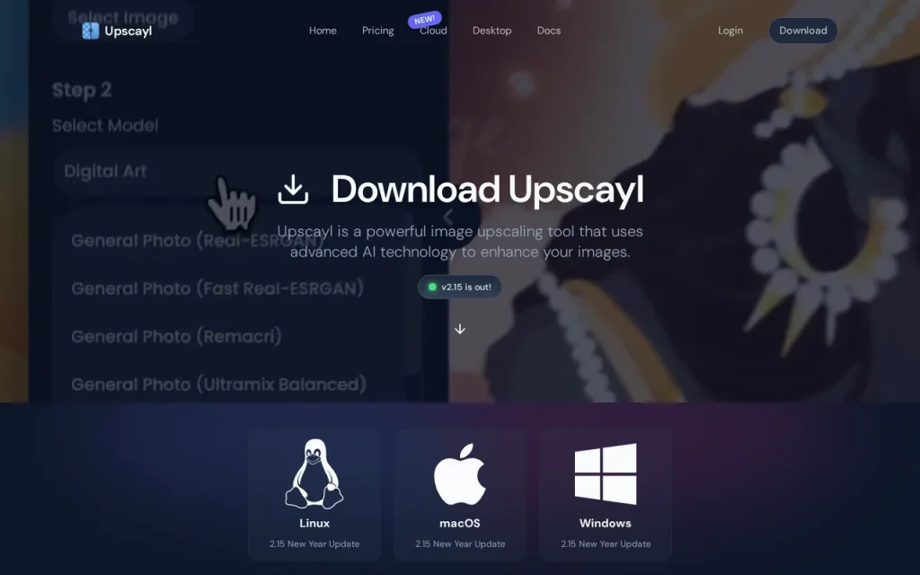 Upscayl features page screenshot showing the product interface