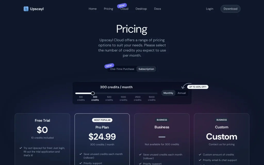 Upscayl official pricing page screenshot with plan names