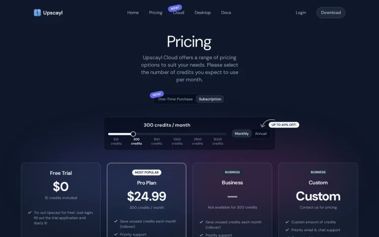 Upscayl official pricing page screenshot with plan names