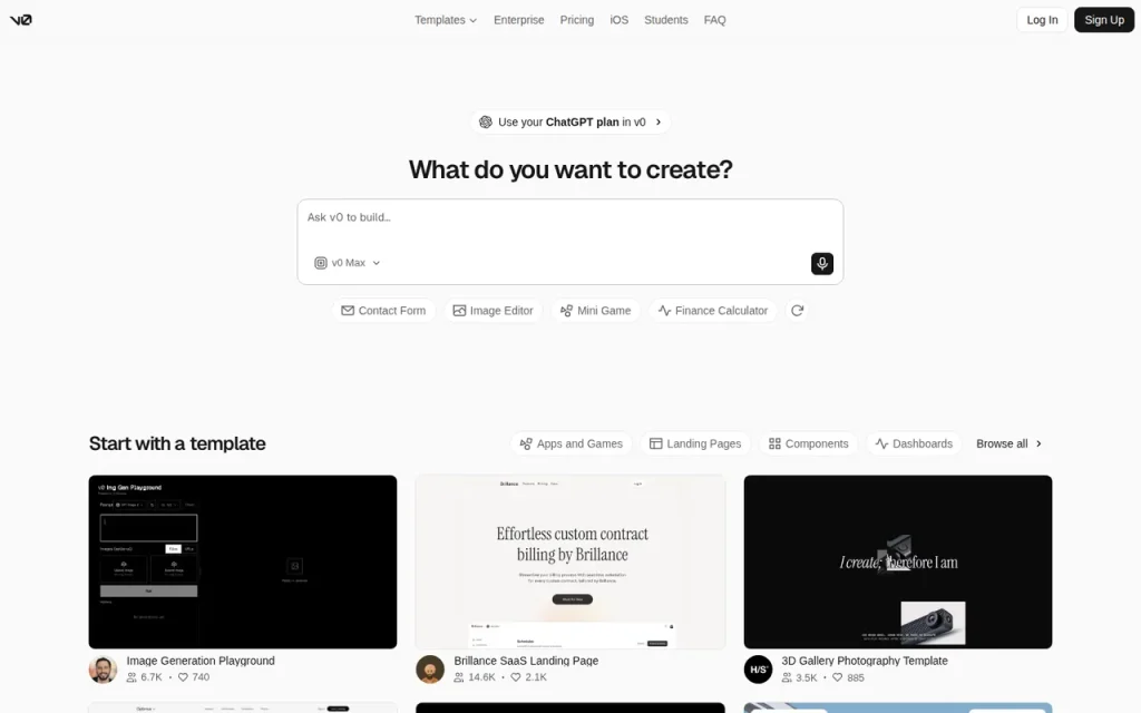 v0 homepage screenshot showing the official landing page