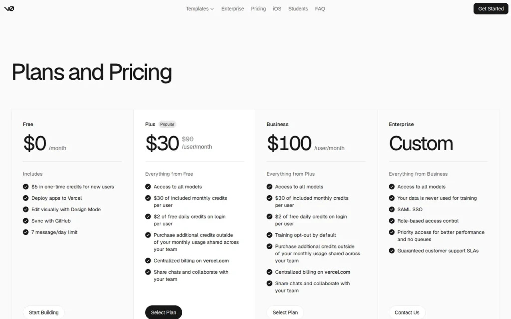 v0 official pricing page screenshot with plan names