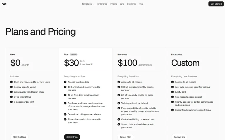 v0 official pricing page screenshot with plan names