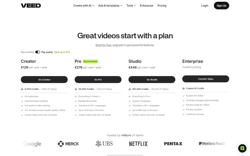 VEED official pricing page screenshot with plan names