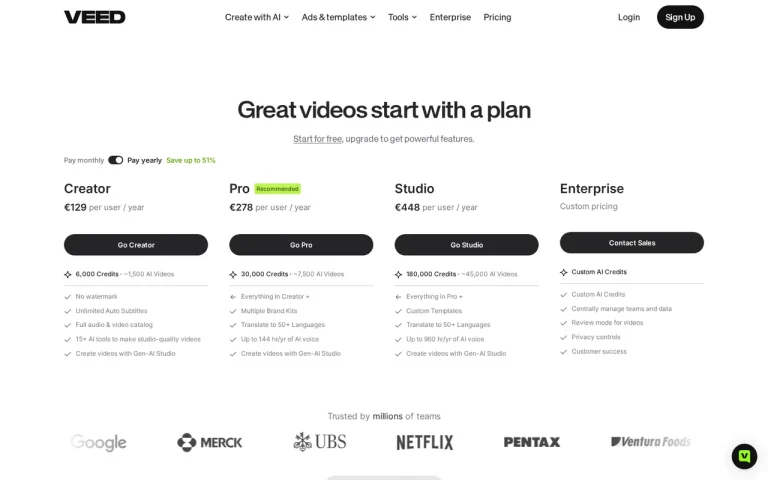 VEED official pricing page screenshot with plan names