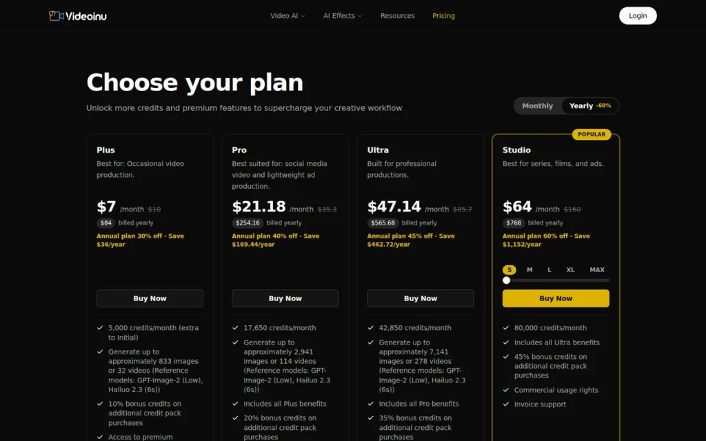 Videoinu official pricing page screenshot with plan names