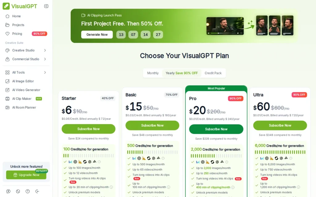 VisualGPT official pricing page screenshot with plan names