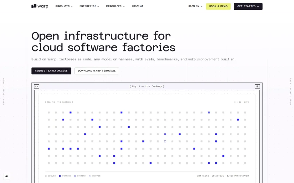 Warp homepage with the headline Open infrastructure for cloud software factories and a grid of agent runs
