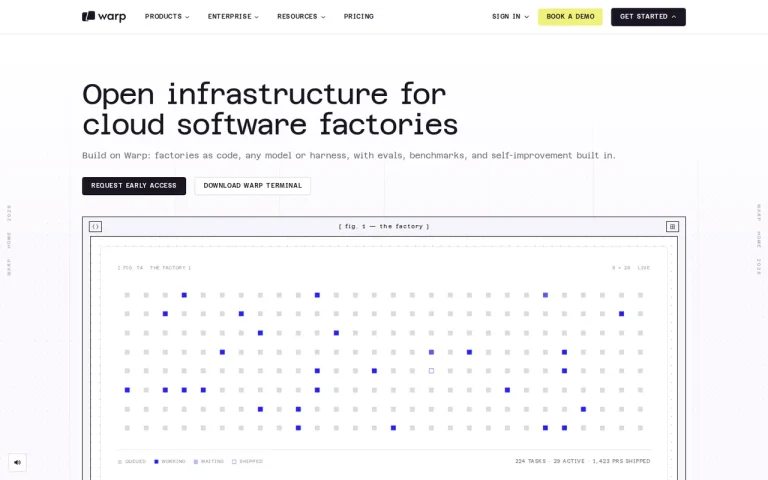 Warp homepage with the headline Open infrastructure for cloud software factories and a grid of agent runs