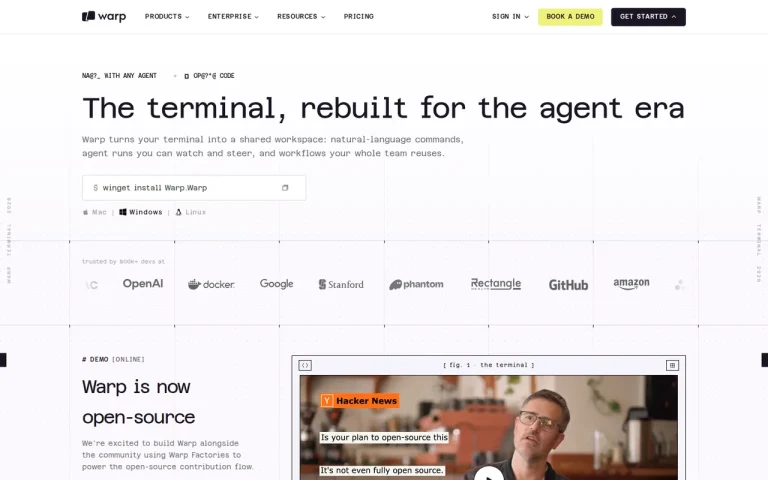 Warp terminal page with the headline The terminal, rebuilt for the agent era and an install command box