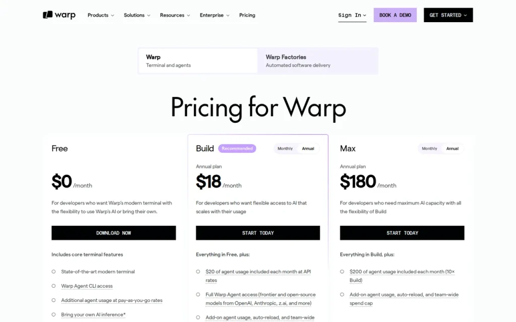 Warp pricing page in annual view with Free at $0, Build at $18 a month and Max at $180 a month