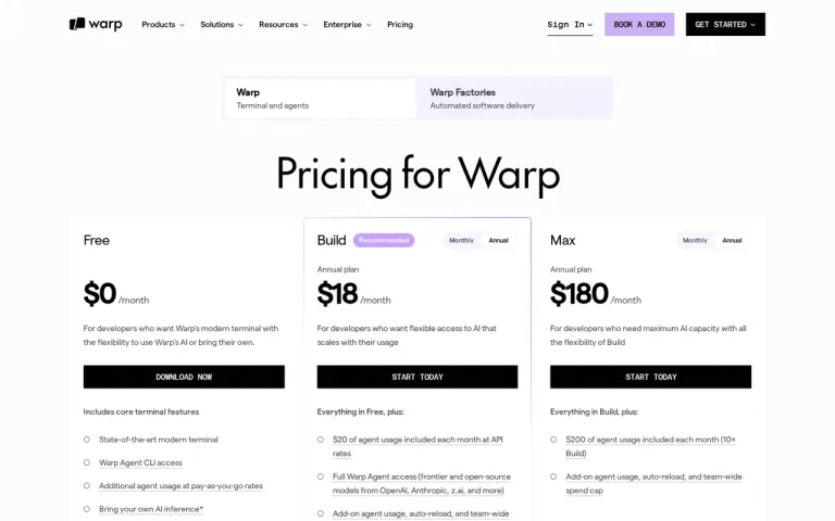 Warp pricing page in annual view with Free at $0, Build at $18 a month and Max at $180 a month